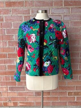 Vtg Hartstrings Quilted Floral Jacket Women's‎ L Green velvet Trim Cottage Core